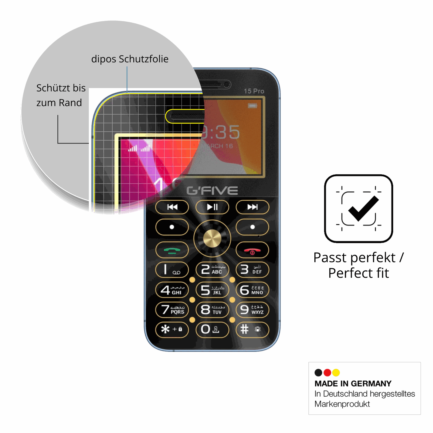 Schutz gegen Kratzer auf dem GFive 15 Pro Glas durch Schlüssel oder Ähnliches