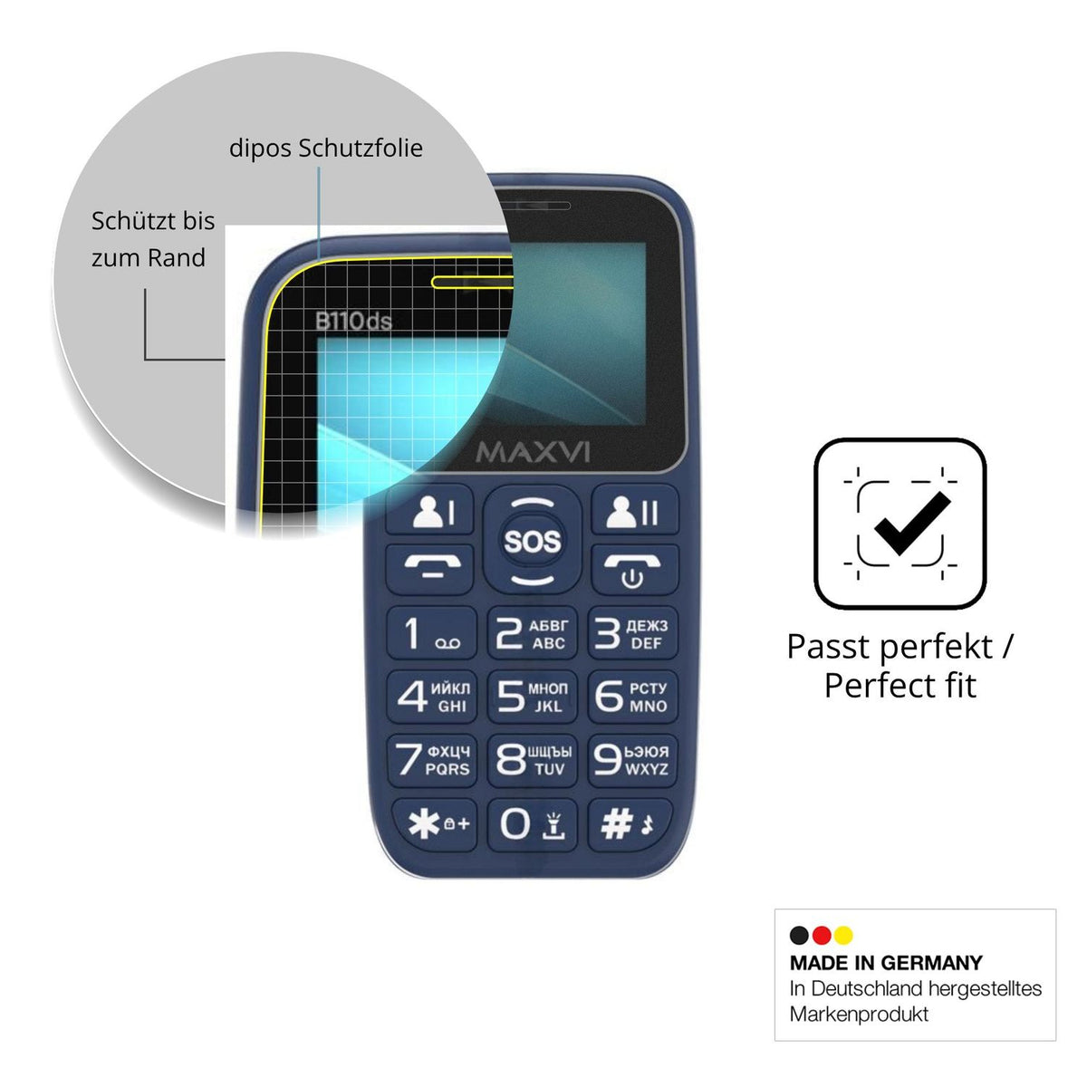 Schutz gegen Kratzer auf dem Maxvi B110ds Glas durch Schlüssel oder Ähnliches