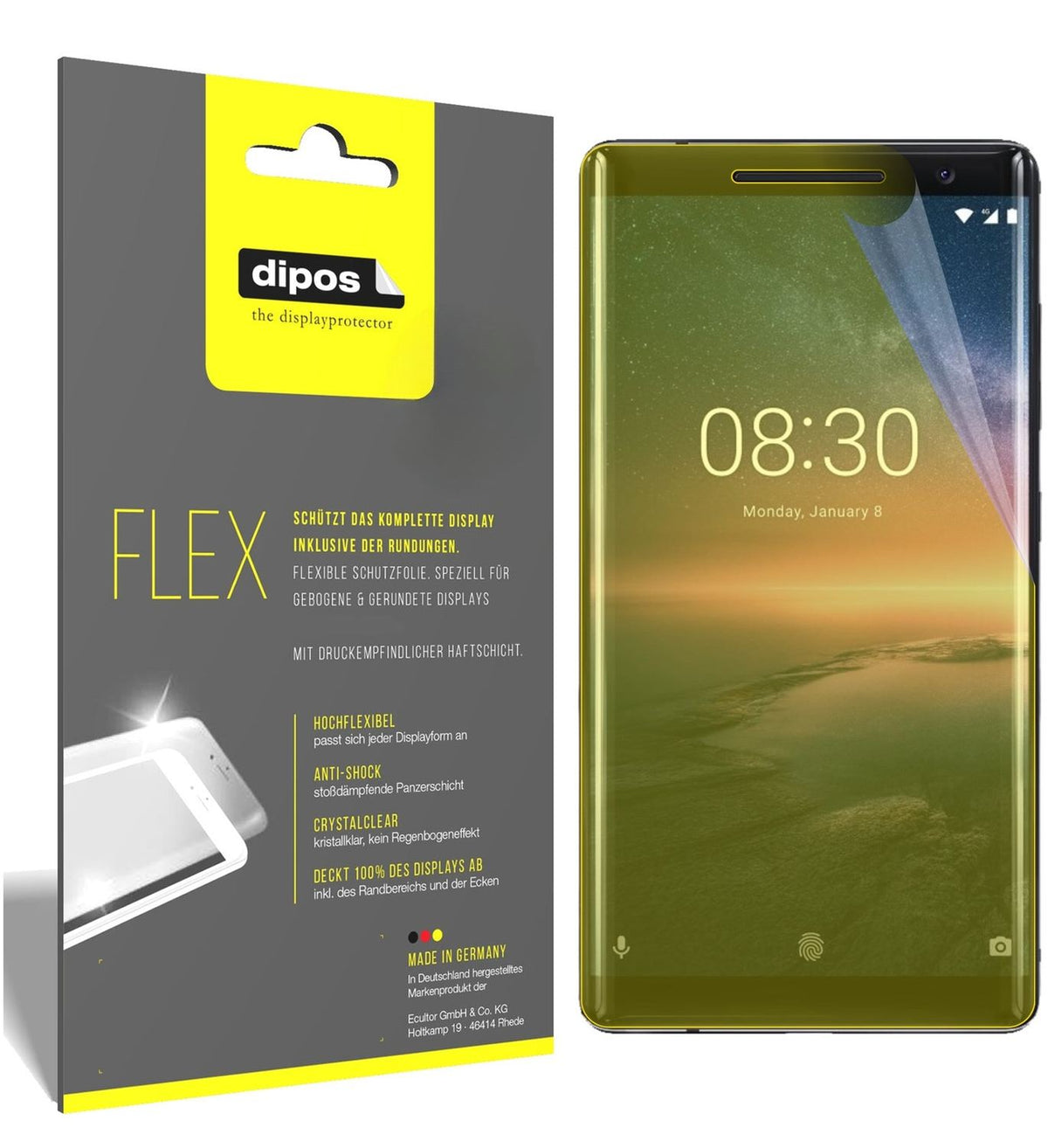 Nokia8 Sirocco mit aufgebrachter dipos Displayschutzfolie, glasklare Darstellung ohne Einschränkungen