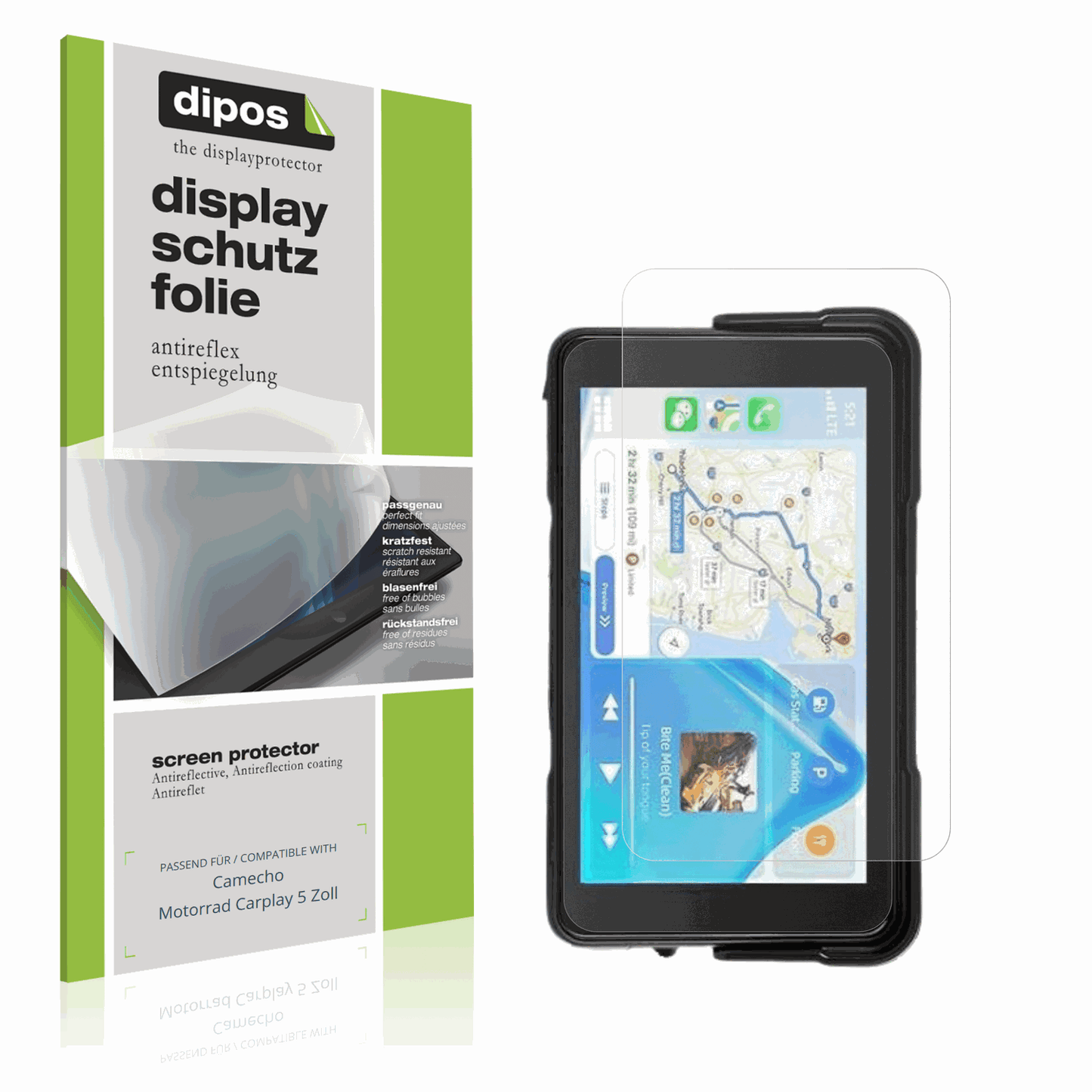 Matte Displayschutzfolie von dipos passend für camechomotorrad carplay 5 zoll, präziser Zuschnitt und blasenfrei montiert