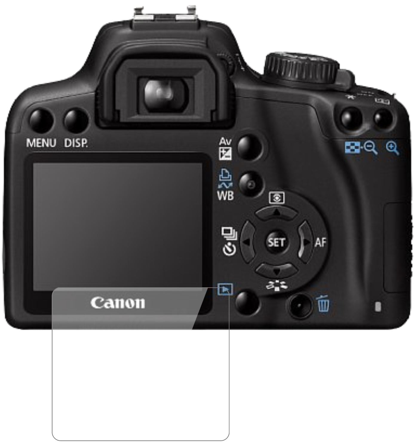 CanonEOS 1000D mit aufgebrachter dipos Flex Schutzfolie, glasklare Darstellung ohne Einschränkungen