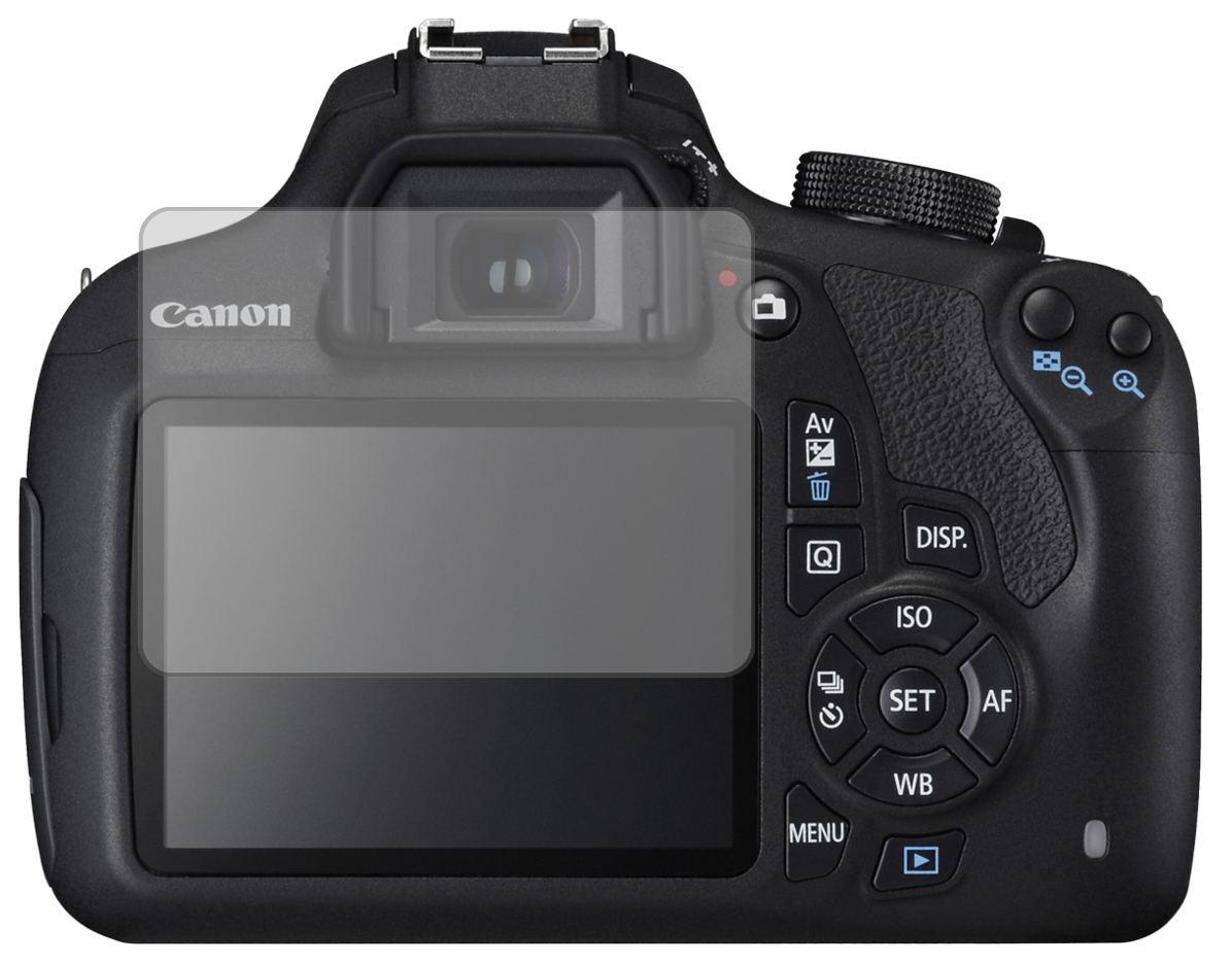 CanonEOS 1200D mit aufgebrachter dipos Displayschutzfolie, die lästige Fingerabdrücke minimiert