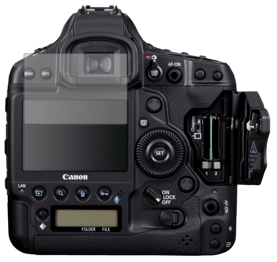 CanonEos 1DX Mark III mit aufgebrachter dipos Displayschutzfolie, die lästige Fingerabdrücke minimiert