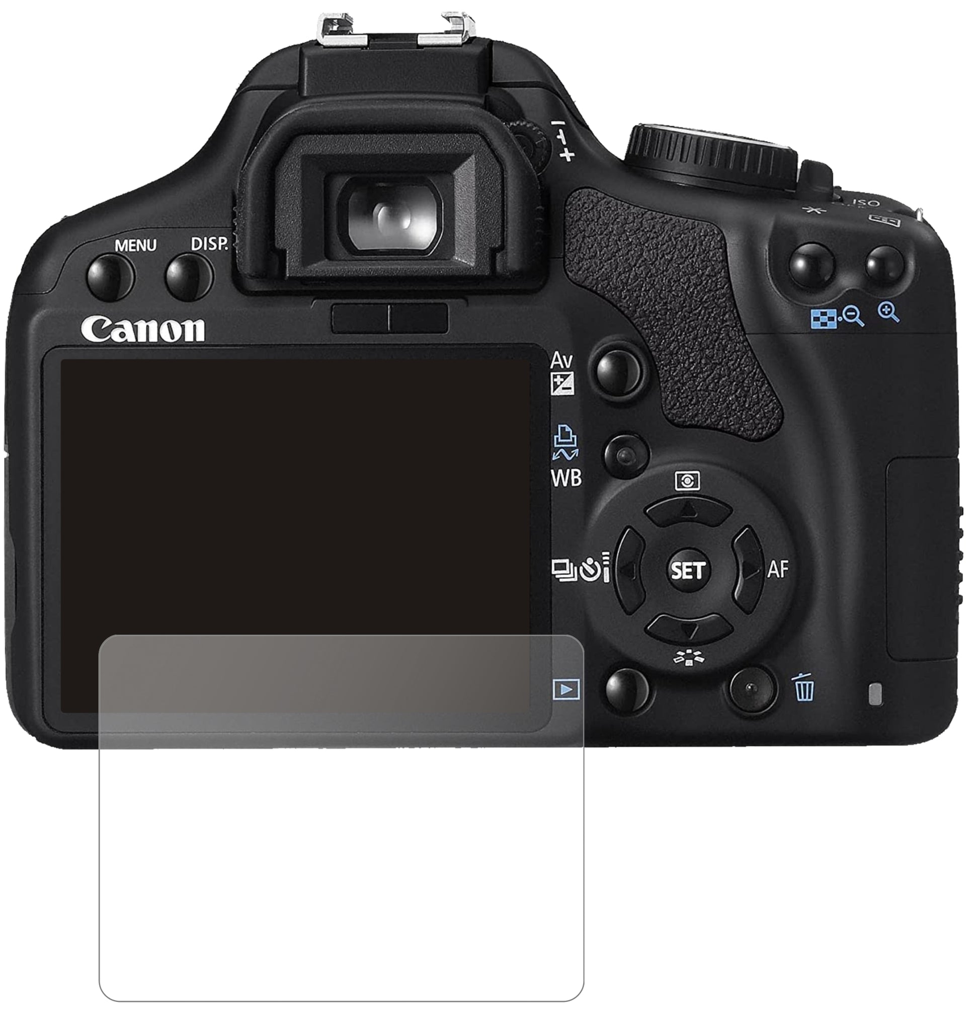 CanonEOS 450D mit aufgebrachter dipos Panzerfolie, die lästige Fingerabdrücke minimiert