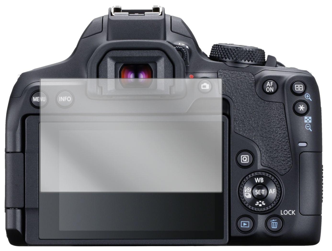 CanonEOS 850D mit aufgebrachter dipos Displayschutzfolie, glasklare Darstellung ohne Einschränkungen