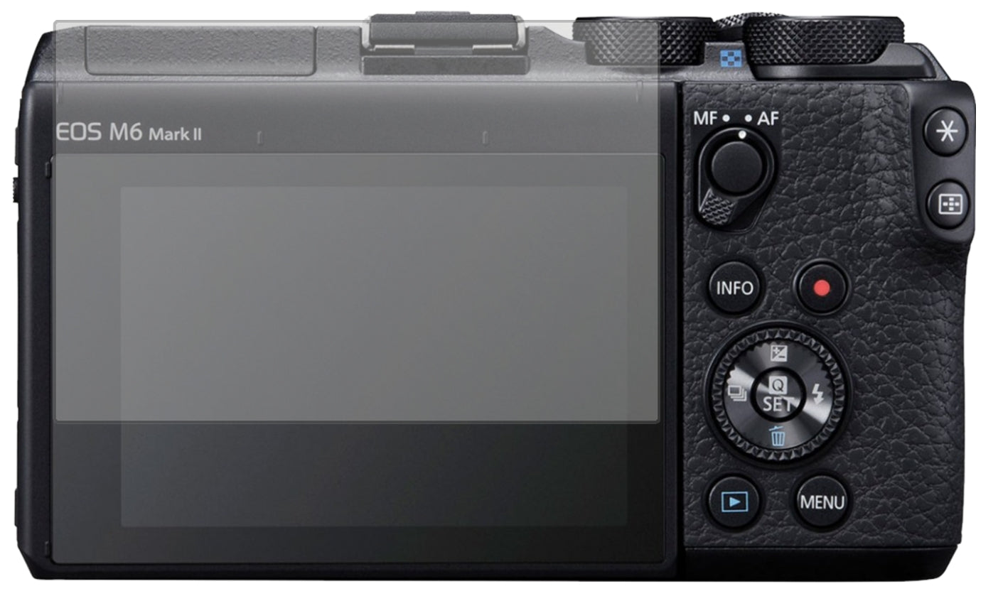 CanonEOS M6 Mark II mit aufgebrachter dipos Displayschutzfolie, die lästige Fingerabdrücke minimiert