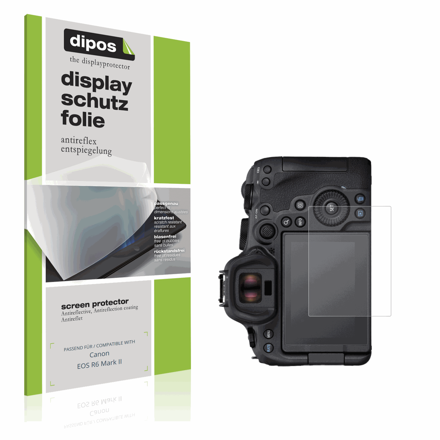 Matte Displayschutzfolie von dipos passend für Canon EOS R6 Mark II, präziser Zuschnitt und blasenfrei montiert