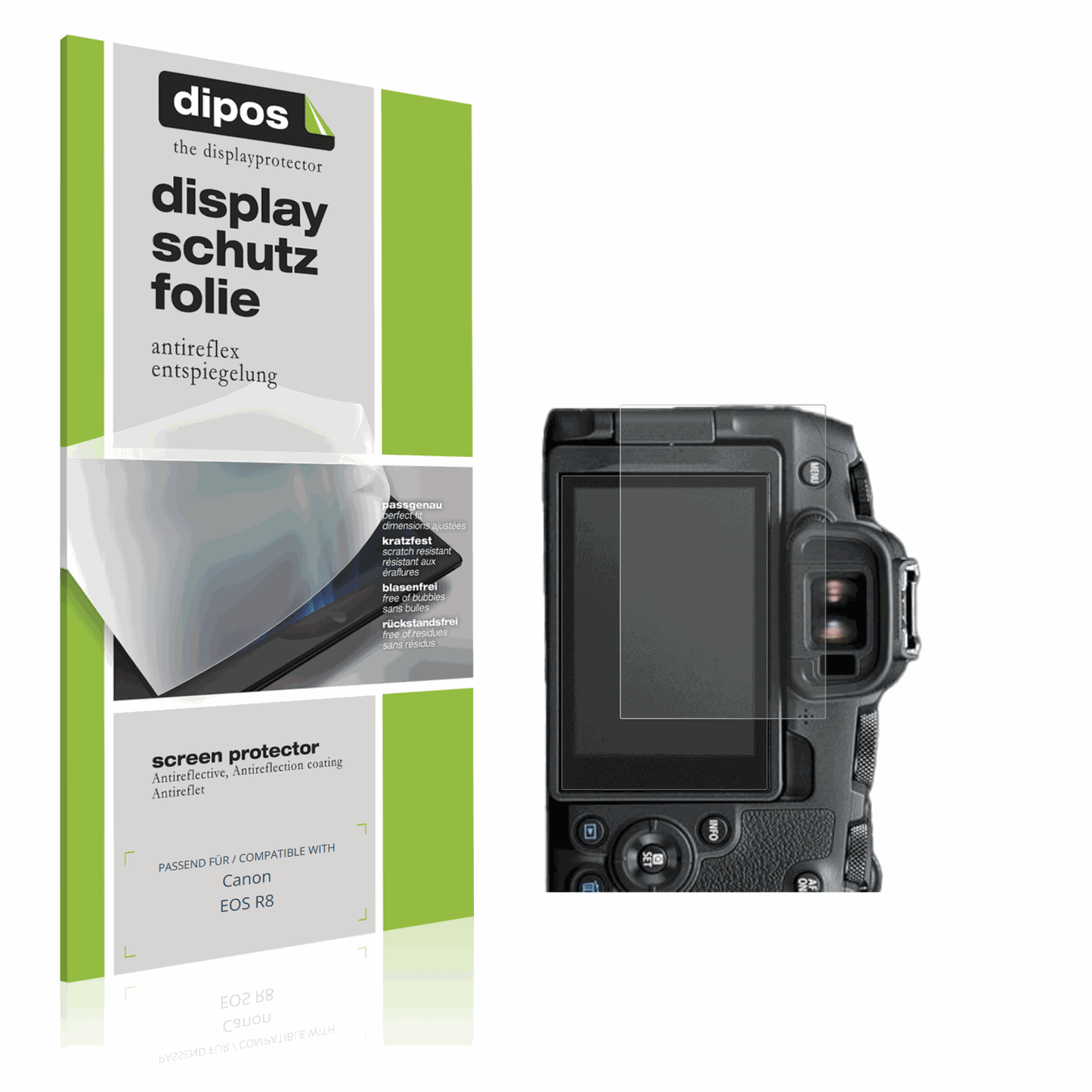 Matte Displayschutzfolie von dipos passend für Canon EOS R8, präziser Zuschnitt und blasenfrei montiert