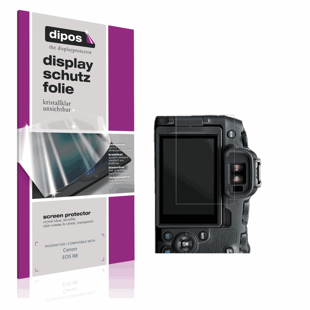 Klare Displayschutzfolie von dipos passend für Canon EOS R8, präziser Zuschnitt und blasenfrei montiert