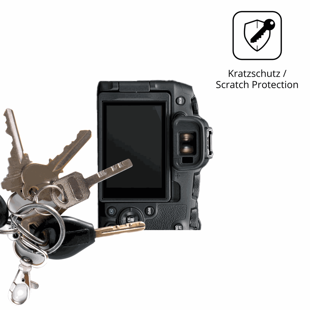 Schutz gegen Kratzer auf dem Canon EOS R8 Glas durch Schlüssel oder Ähnliches