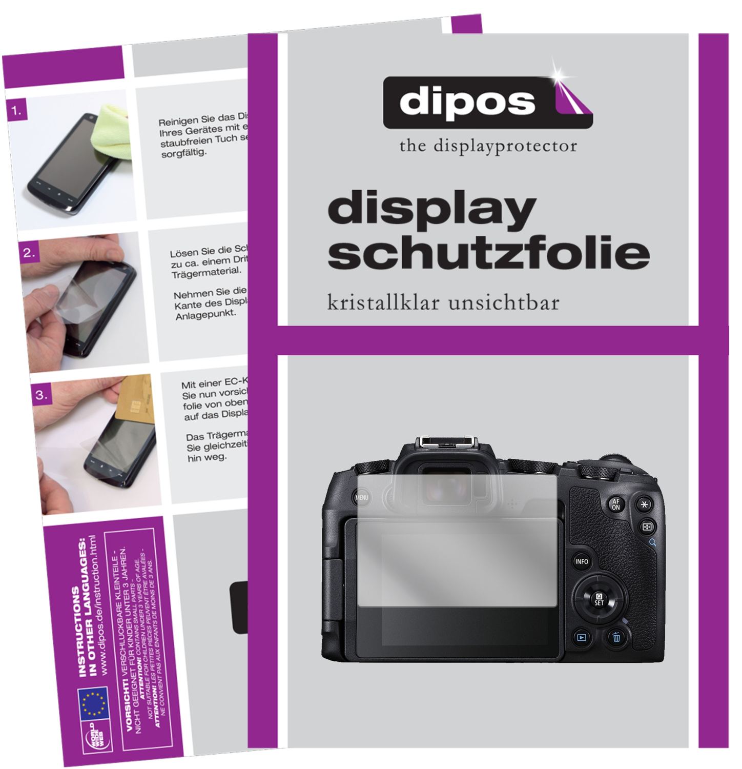 Klare Displayschutzfolie von dipos passend für Canon EOS RP, präziser Zuschnitt und blasenfrei montiert