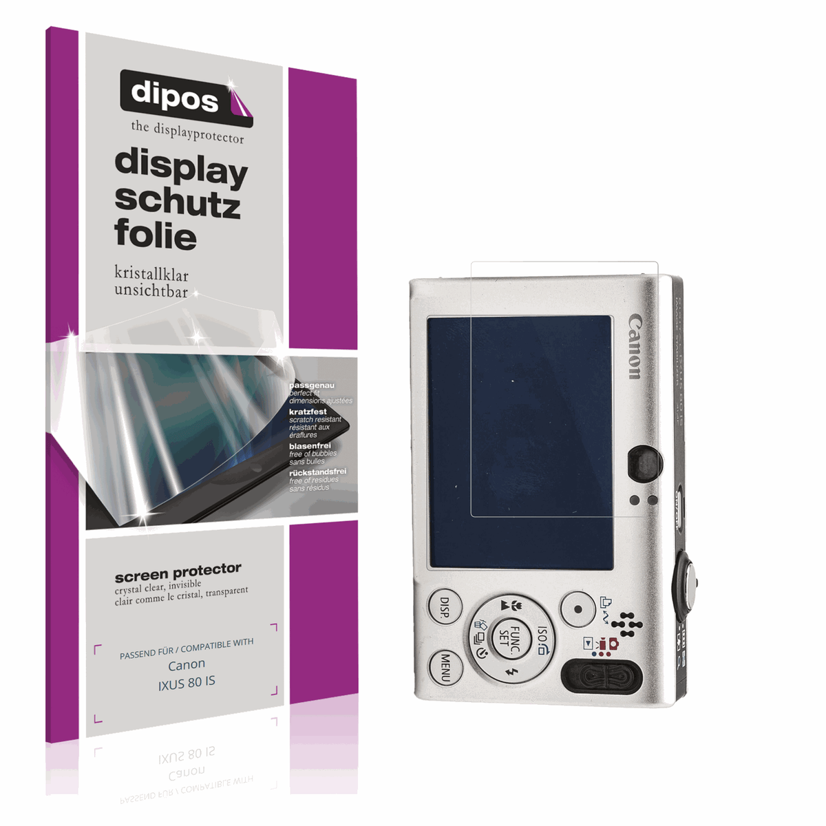 Klare Displayschutzfolie von dipos passend für Canon IXUS 80 IS, präziser Zuschnitt und blasenfrei montiert