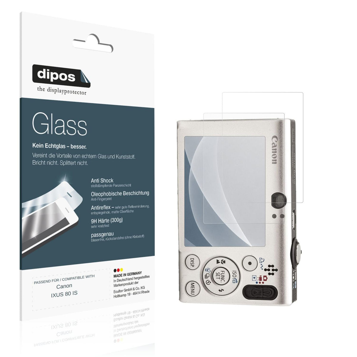 Matte Displayschutzfolie von dipos passend für Canon IXUS 80 IS, 9H kratzfest und blasenfrei montiert