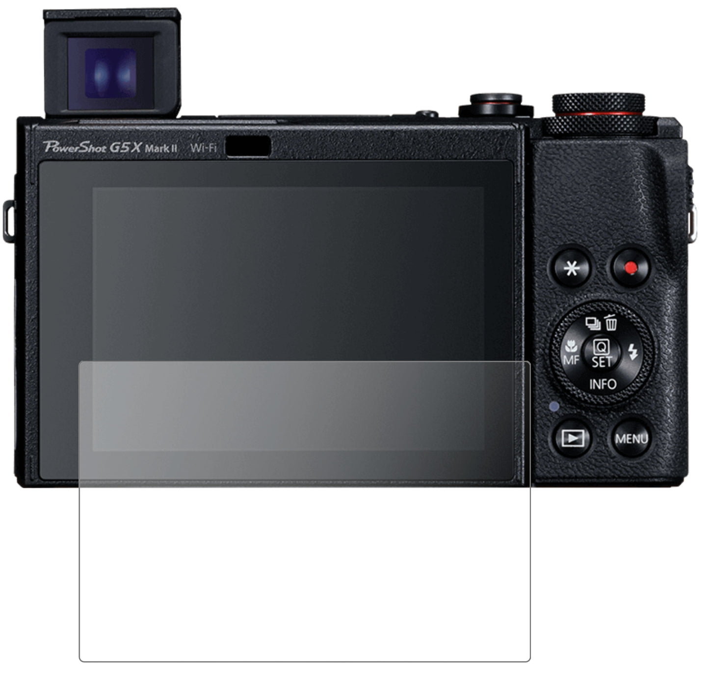 CanonPowerShot G5X Mark II mit aufgebrachter dipos Panzerfolie, die lästige Fingerabdrücke minimiert