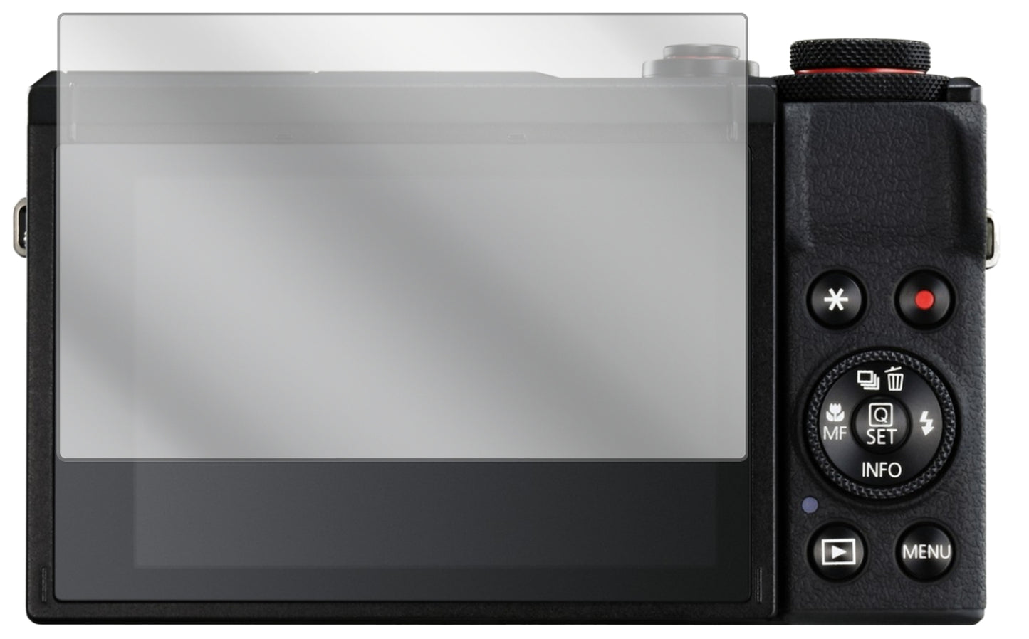 CanonPowerShot G7X Mark III mit aufgebrachter dipos Displayschutzfolie, glasklare Darstellung ohne Einschränkungen