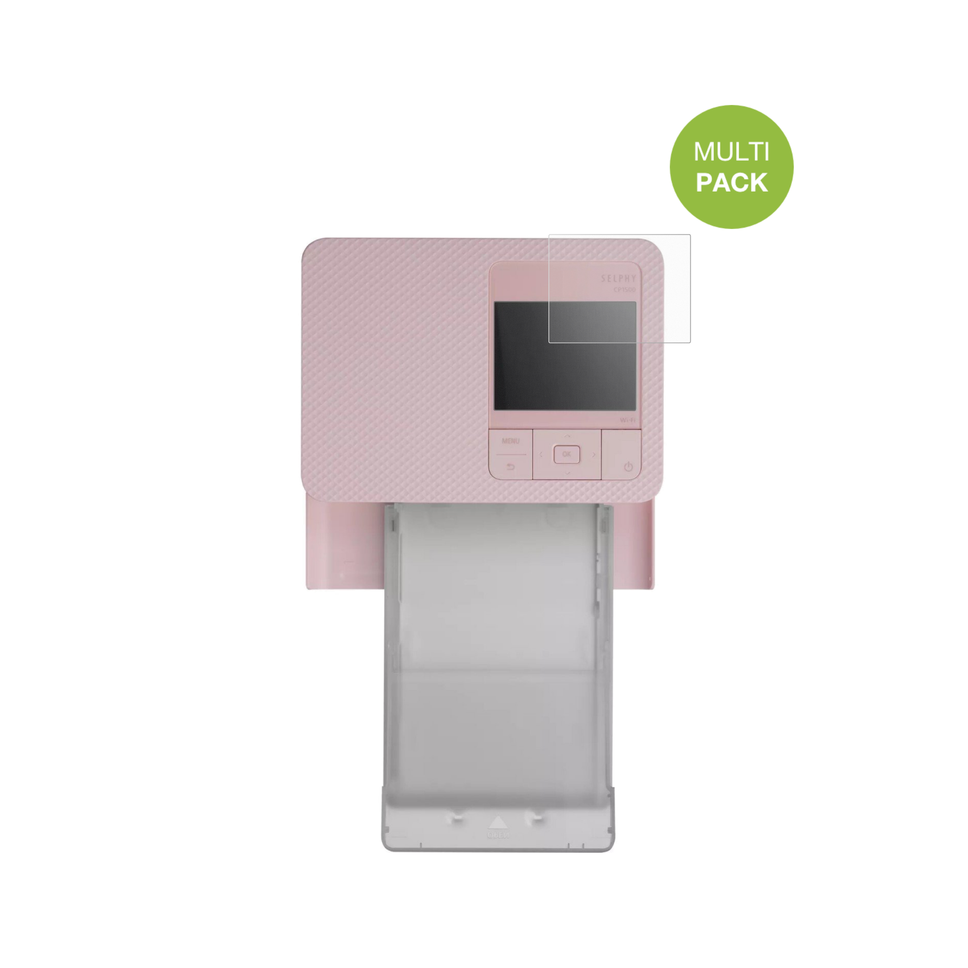 CanonSelphy CP1500 Mini mit aufgebrachter dipos Displayschutzfolie, die lästige Fingerabdrücke minimiert