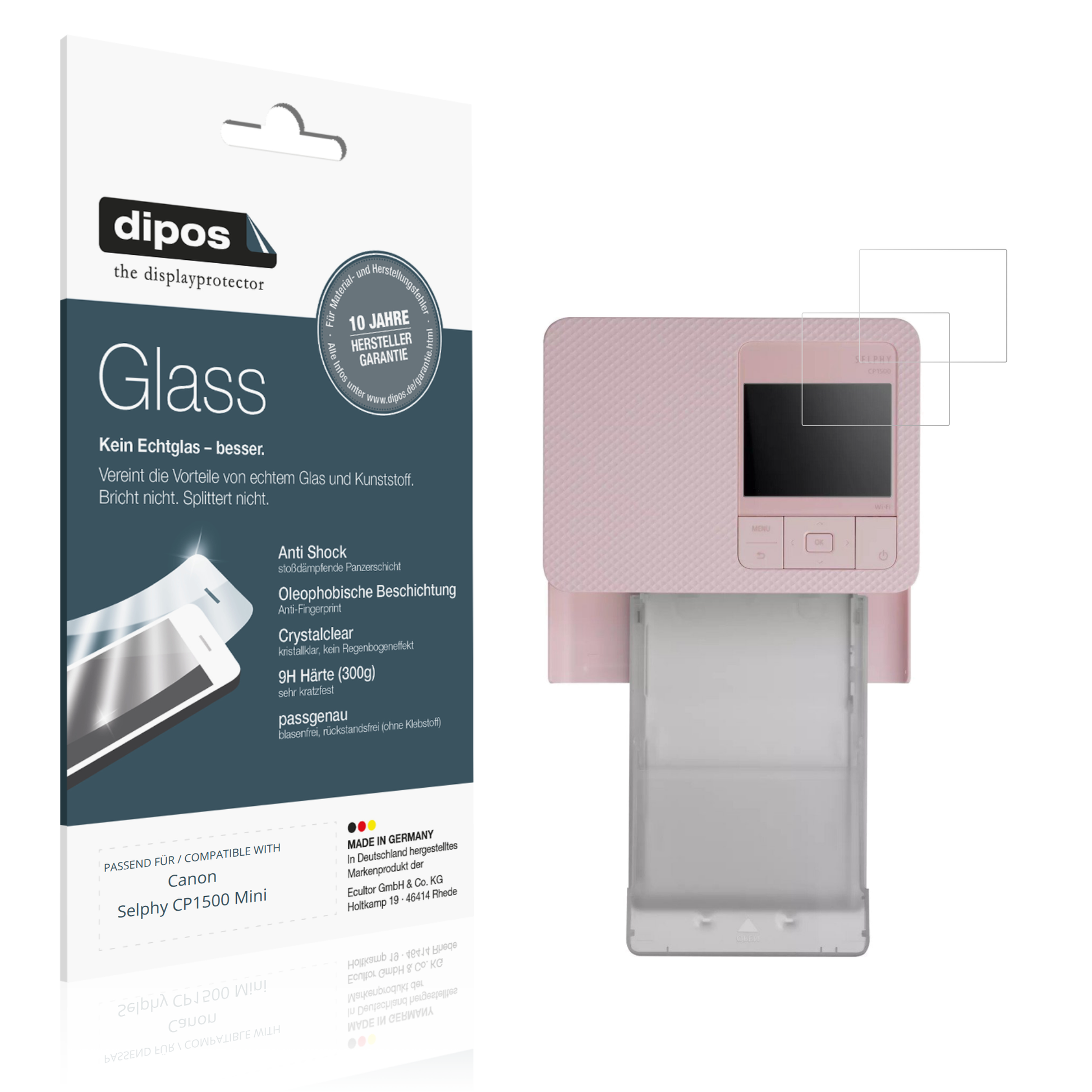 Klare Displayschutzfolie von dipos passend für Canon Selphy CP1500 Mini, 9H kratzfest und blasenfrei montiert