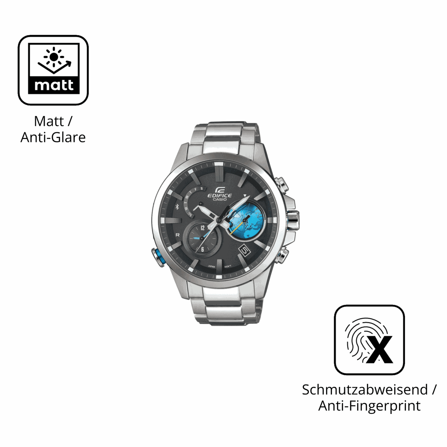 Dünne und entspiegelnde Folie passend zugeschnitten für Casio Edifice EQB-600D