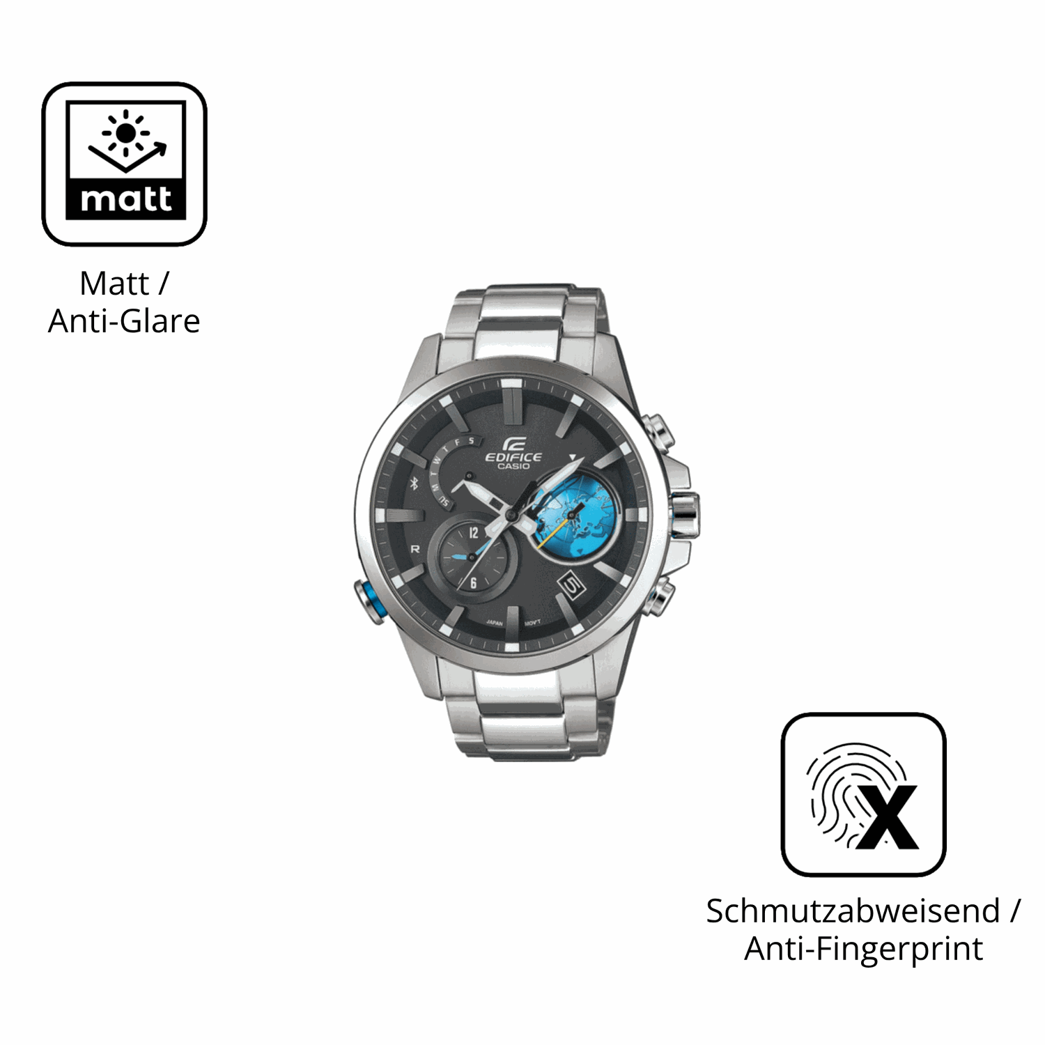Dünne und entspiegelnde Folie passend zugeschnitten für Casio Edifice EQB-600D