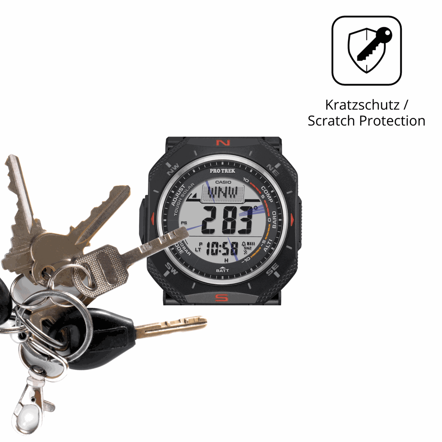 Schutz gegen Kratzer auf dem Casio Pro Trek PRG-69 Glas durch Schlüssel oder Ähnliches