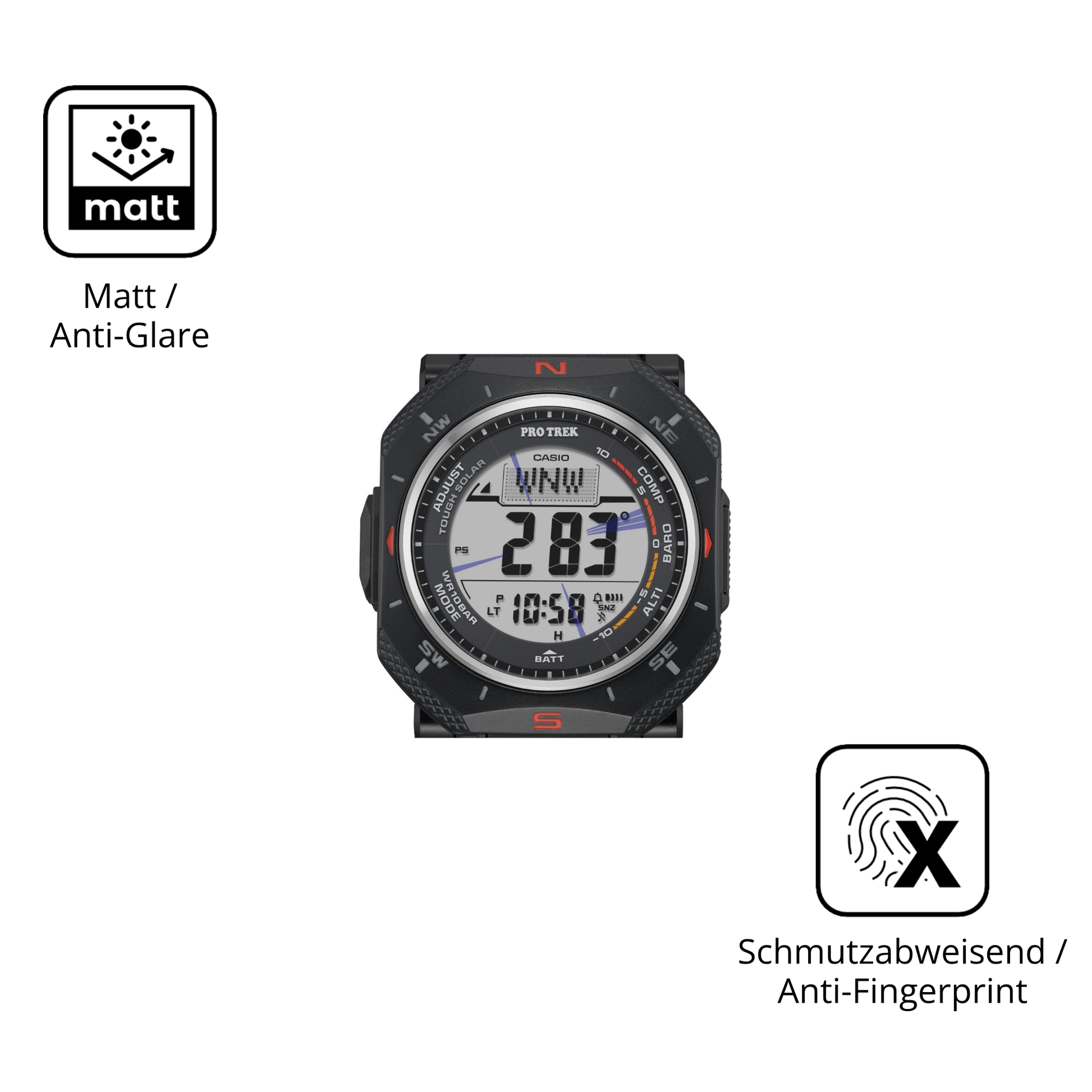 Dünne und entspiegelnde Folie passend zugeschnitten für Casio Pro Trek PRG-69