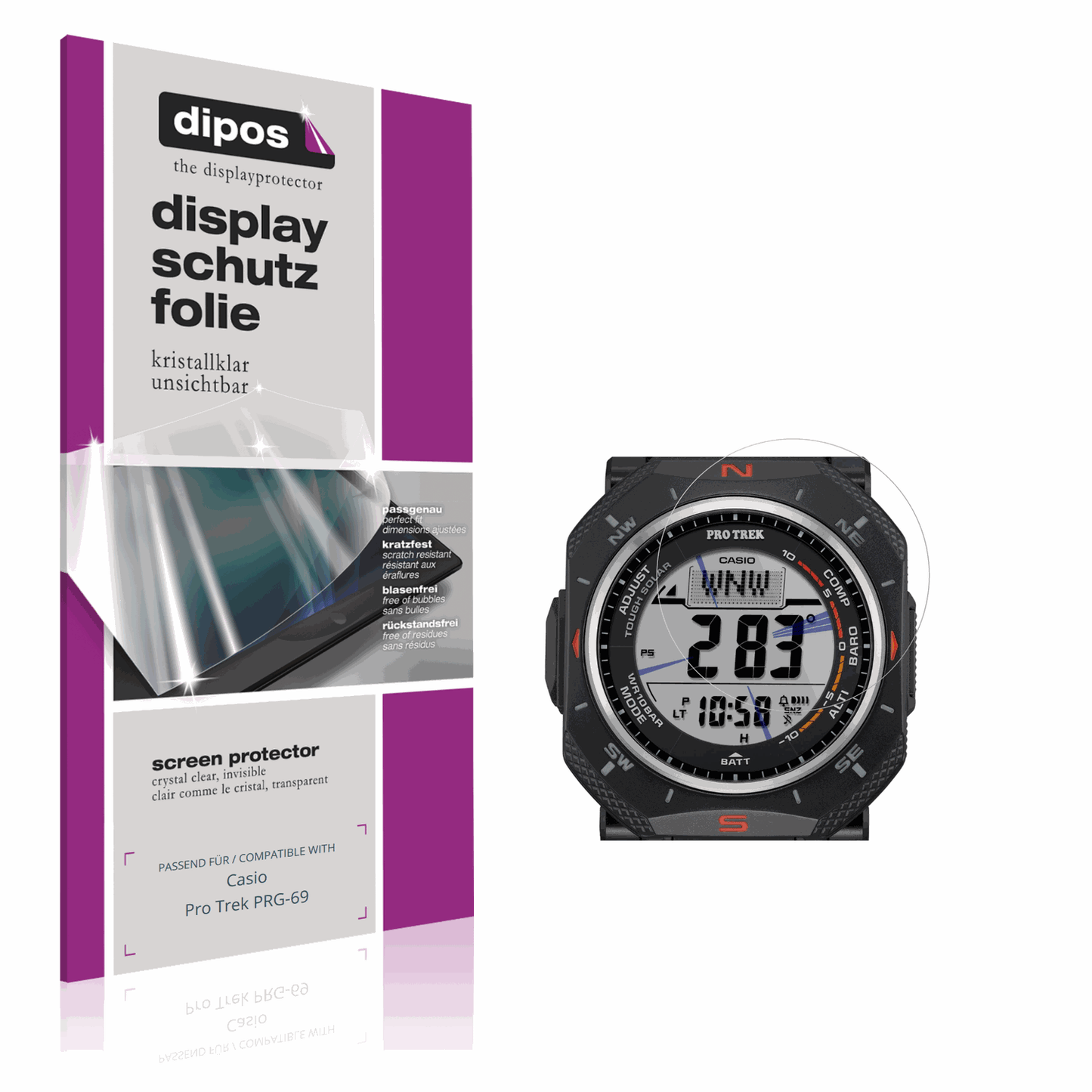 Klare Displayschutzfolie von dipos passend für Casio Pro Trek PRG-69, präziser Zuschnitt und blasenfrei montiert