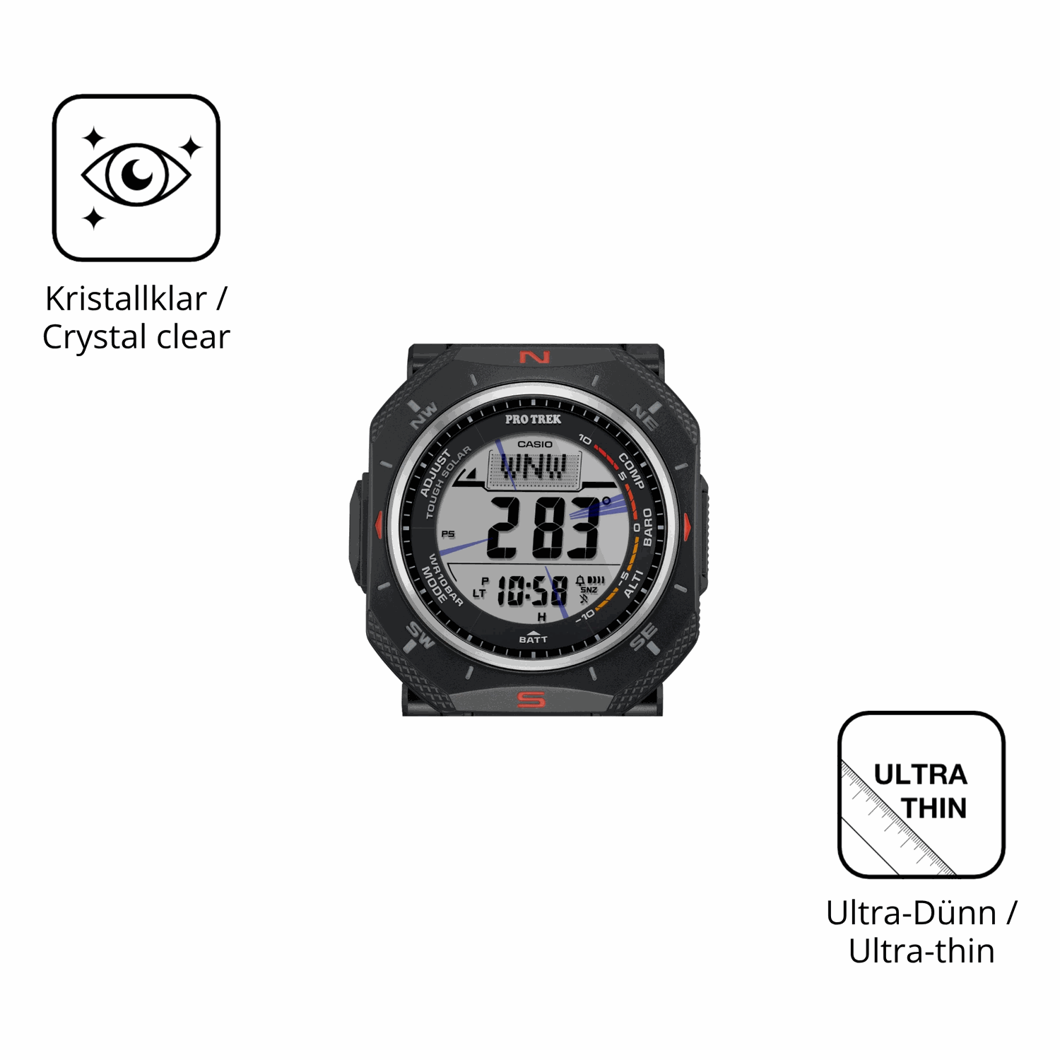 Dünne und klare Folie passend zugeschnitten für Casio Pro Trek PRG-69