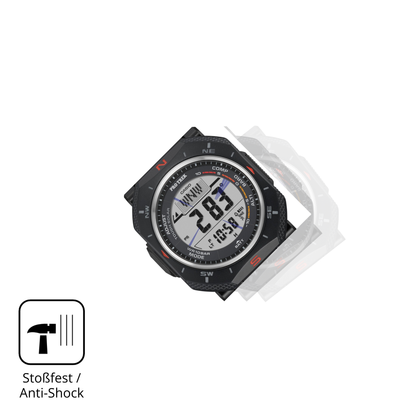 Schutz gegen Kratzer auf dem Casio Pro Trek PRG-69 Glas durch Schlüssel, Stöße gegen die Tischkante oder Stürze