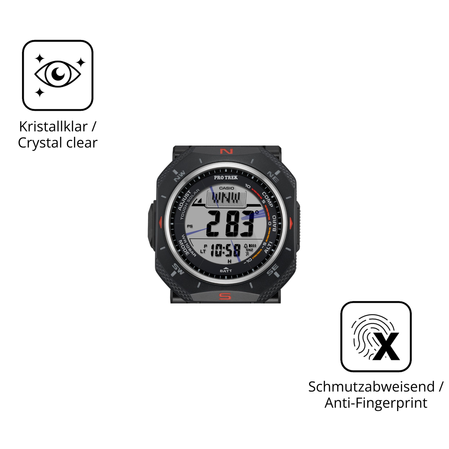 Flexible TPU-Folie passend zugeschnitten für Casio Pro Trek PRG-69, vollständige Abdeckung