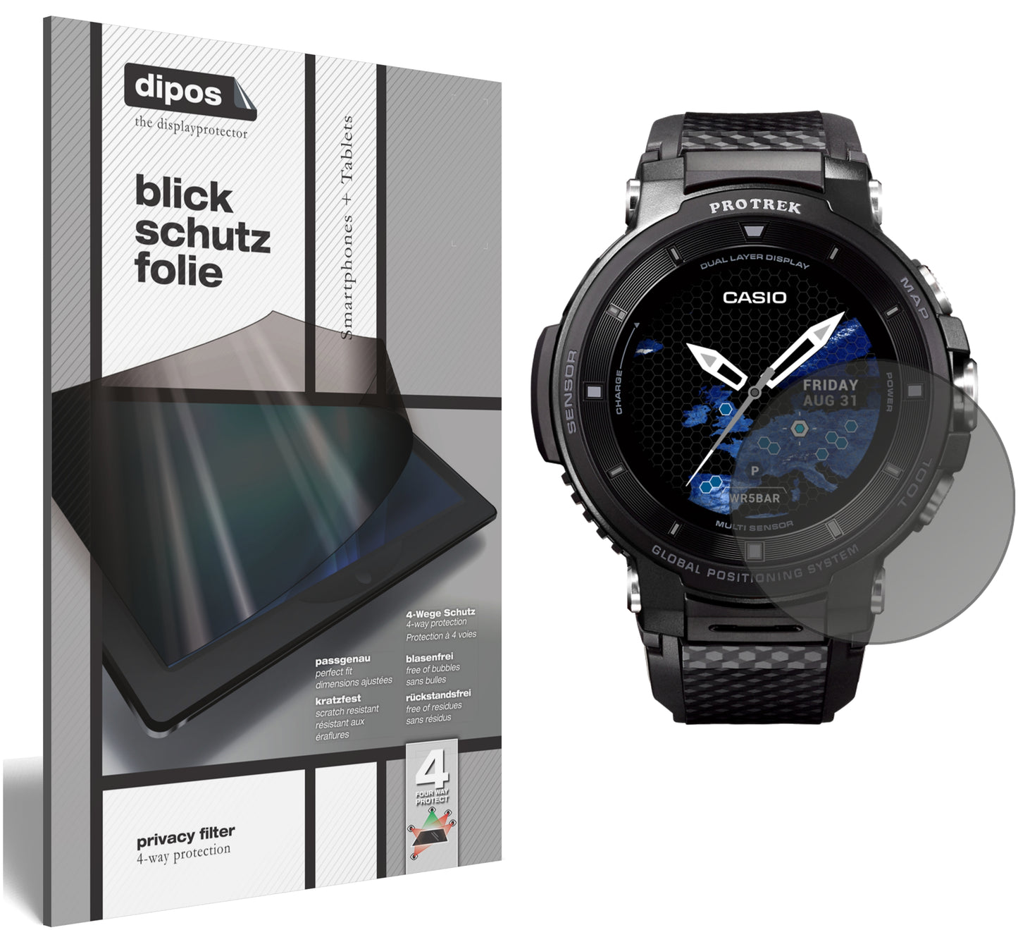 Blickschutzfolie von dipos passend für Casio Pro Trek smart WSD-F30, präziser Zuschnitt und blasenfrei montiert