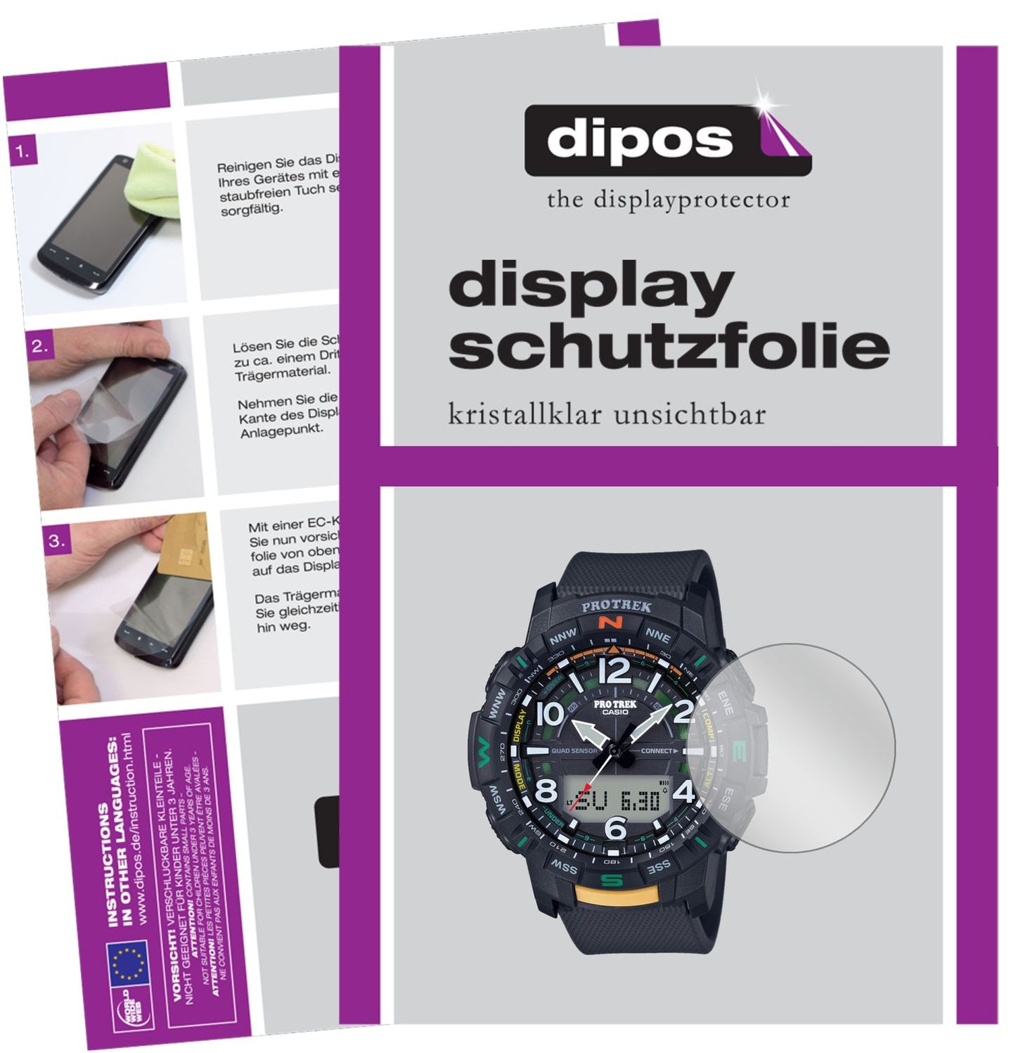 Klare Displayschutzfolie von dipos passend für Casio PRT-B50 Pro Trek, präziser Zuschnitt und blasenfrei montiert