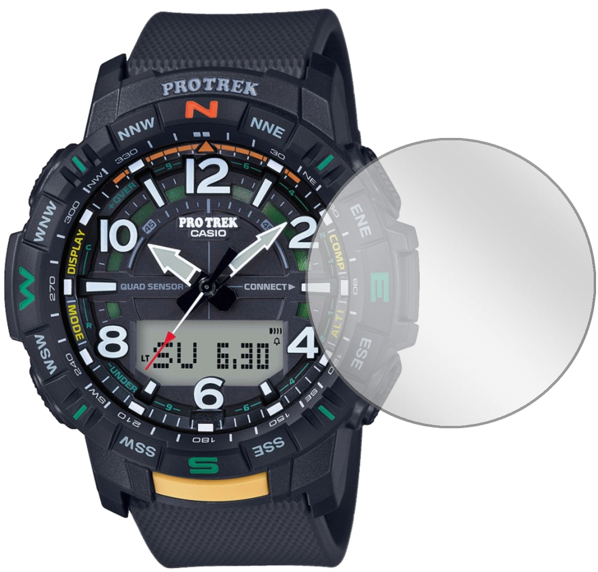 CasioPRT-B50 Pro Trek mit aufgebrachter dipos Displayschutzfolie, glasklare Darstellung ohne Einschränkungen