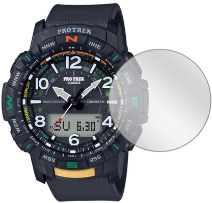 CasioPRT-B50 Pro Trek mit aufgebrachter dipos Displayschutzfolie, glasklare Darstellung ohne Einschränkungen