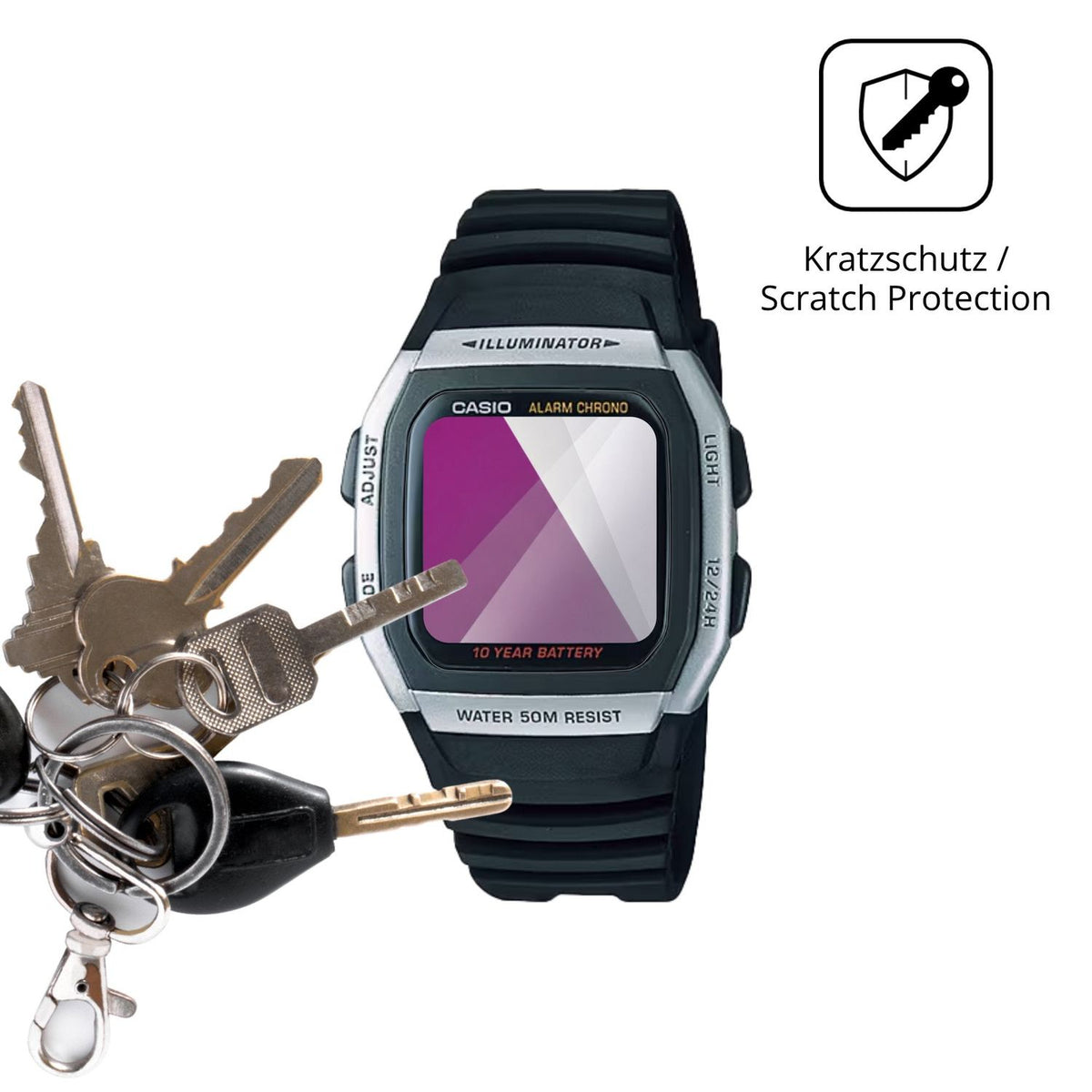 Schutz gegen Kratzer auf dem Casio W-96H-1AV Glas durch Schlüssel oder Ähnliches