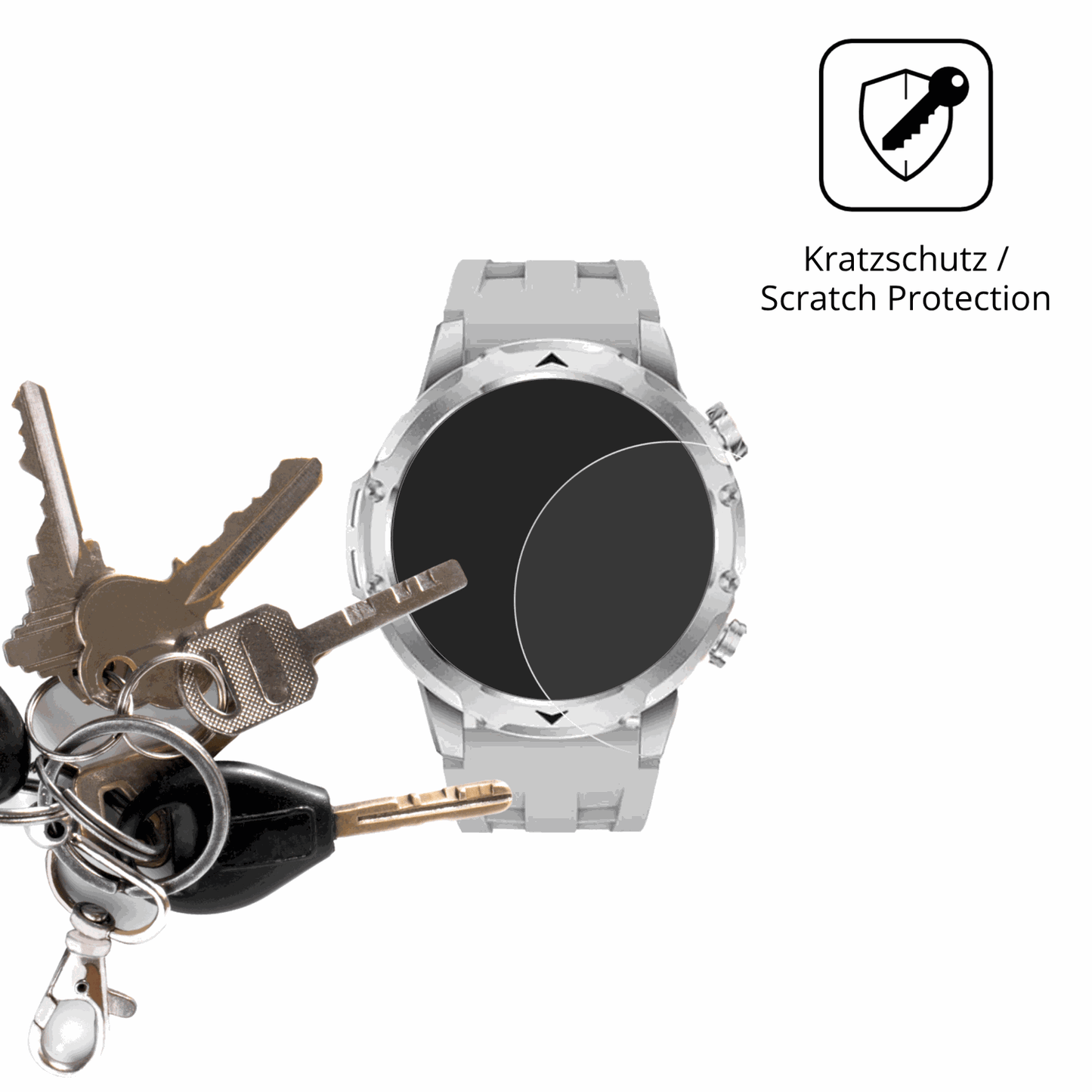 Schutz gegen Kratzer auf dem FitVigor Smartwatch 1.53 Zoll Glas durch Schlüssel oder Ähnliches