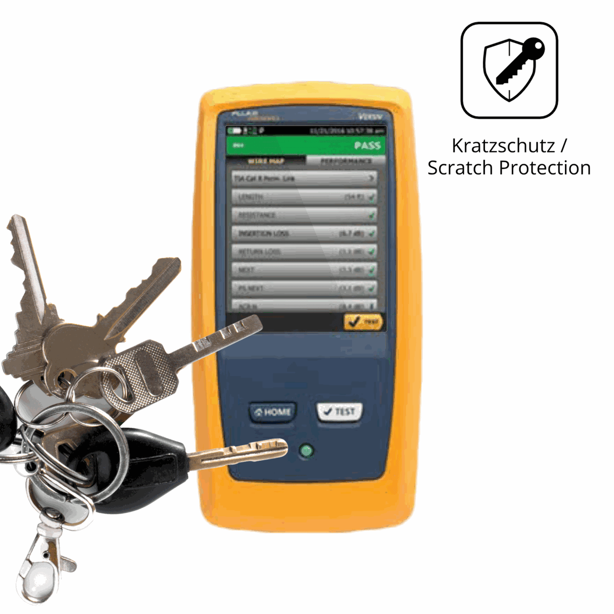 Schutz gegen Kratzer auf dem Fluke DSX8000 Glas durch Schlüssel oder Ähnliches