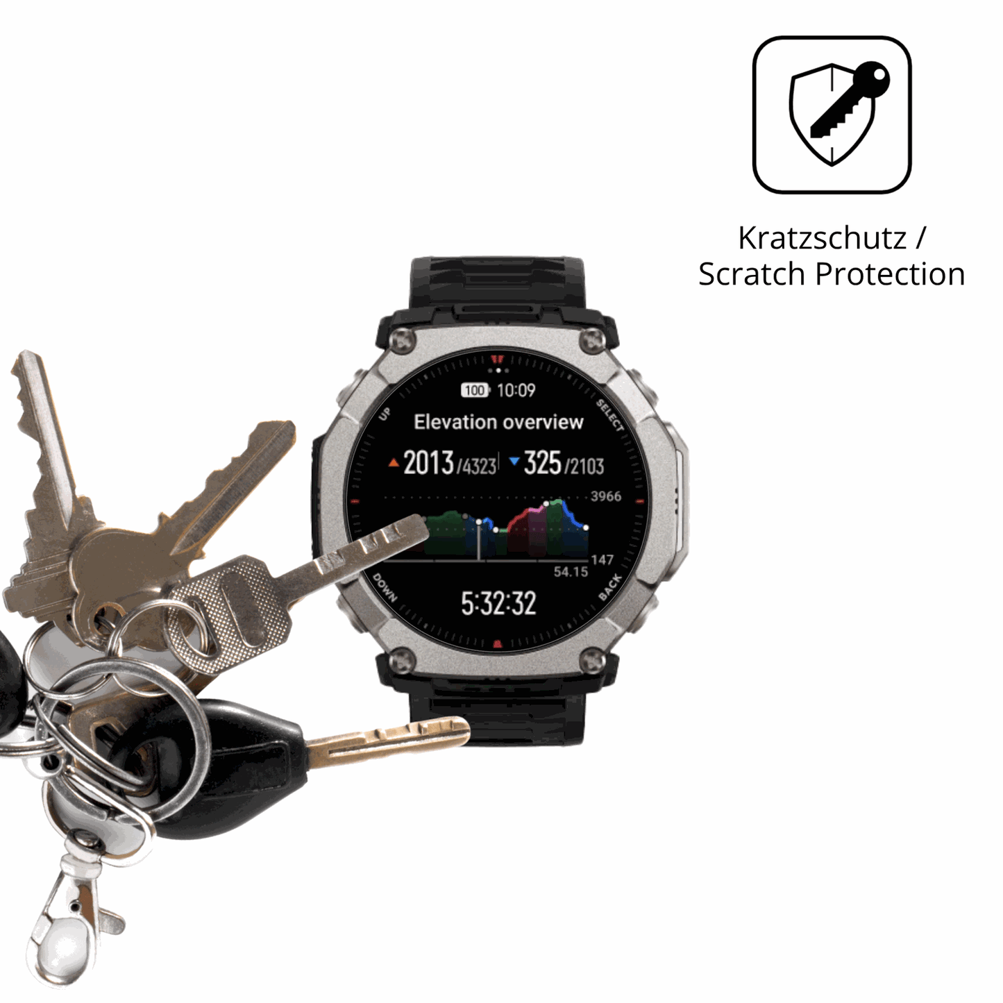 Schutz gegen Kratzer auf dem Huami Amazfit T-Rex Ultra 2 Glas durch Schlüssel oder Ähnliches