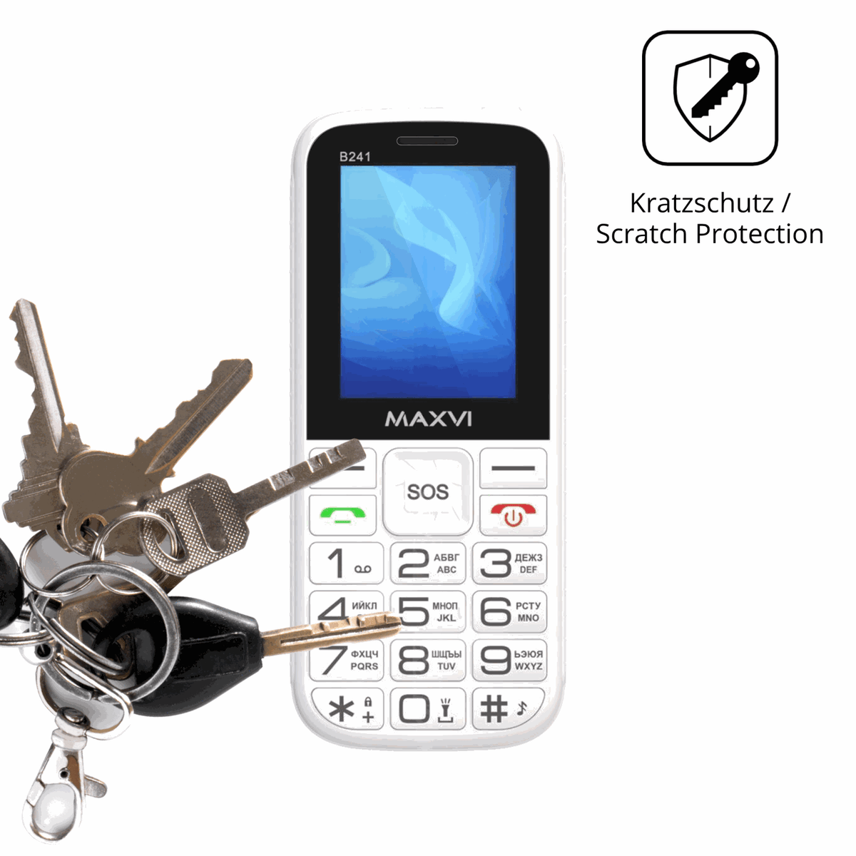 Schutz gegen Kratzer auf dem Maxvi B241 Glas durch Schlüssel oder Ähnliches