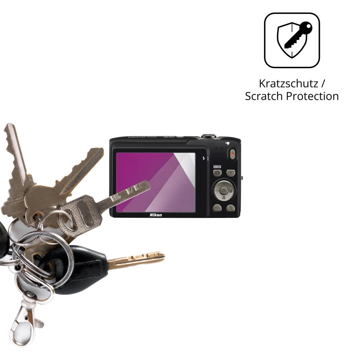Schutz gegen Kratzer auf dem Nikon Coolpix S3100 Glas durch Schlüssel oder Ähnliches