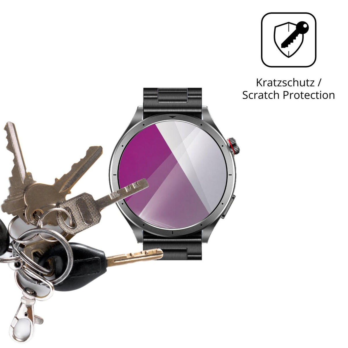 Schutz gegen Kratzer auf dem Oliimptek 1.53 Zoll Smartwatch Glas durch Schlüssel oder Ähnliches