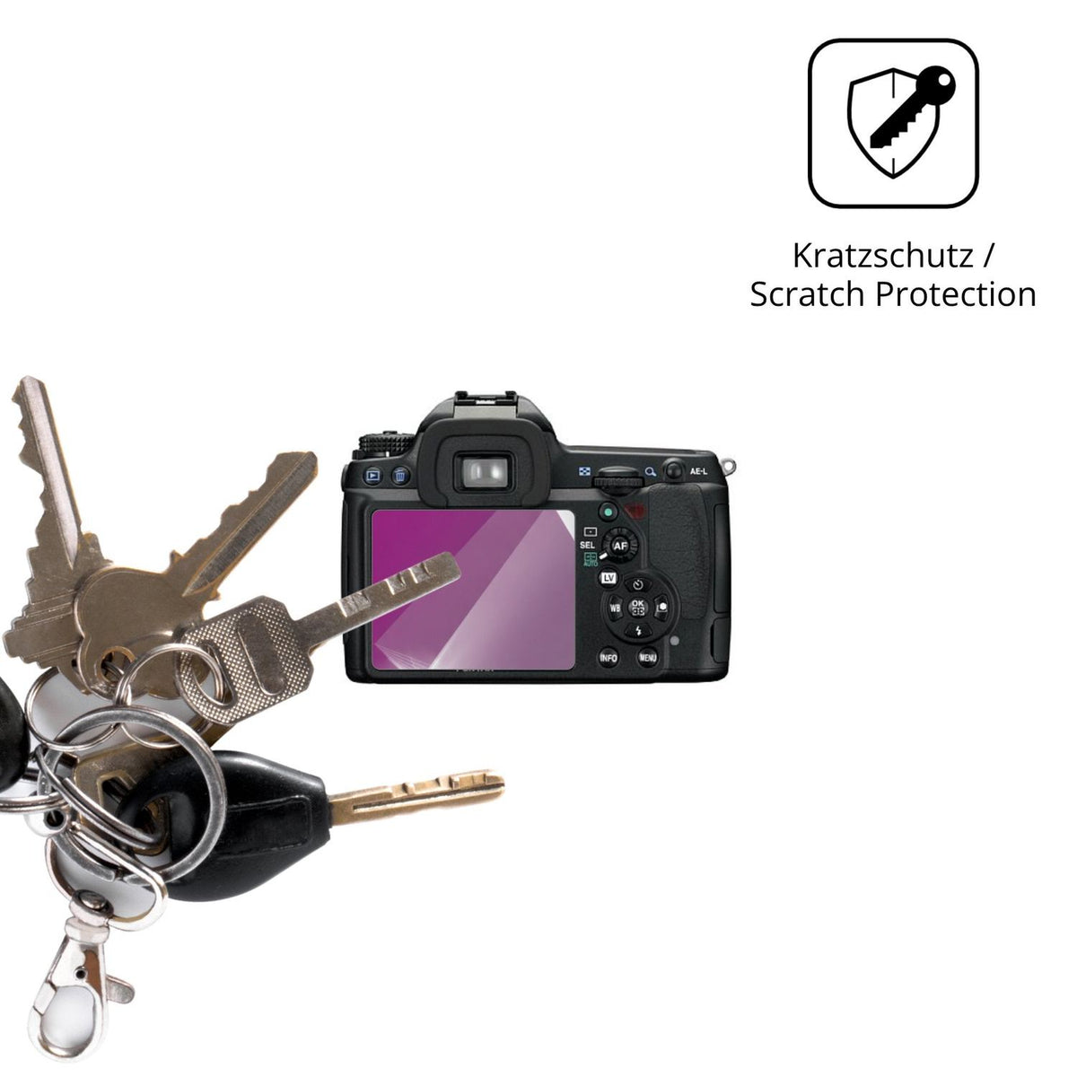 Schutz gegen Kratzer auf dem Pentax K7 Glas durch Schlüssel oder Ähnliches
