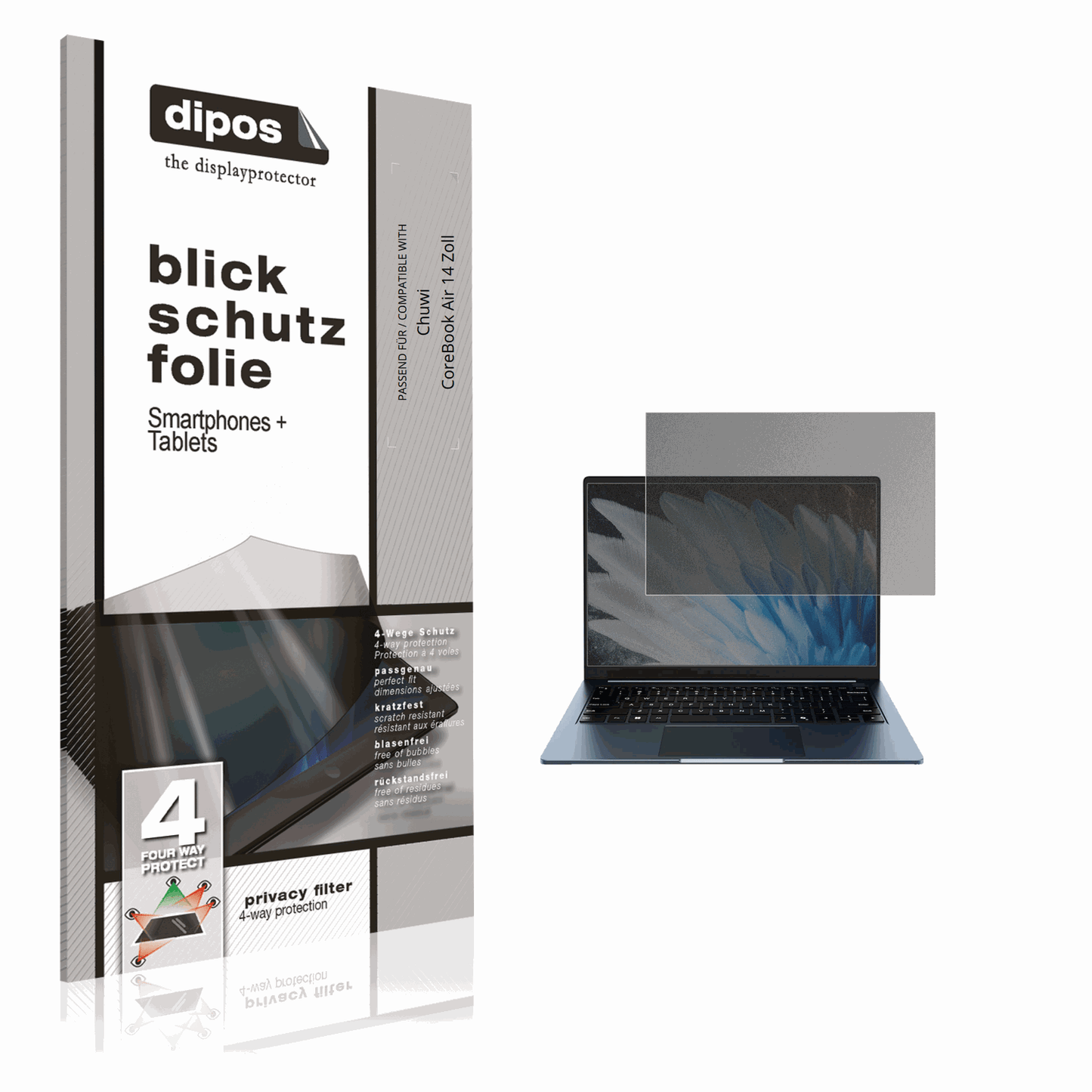 Blickschutzfolie von dipos passend für Chuwi CoreBook Air 14 Zoll, präziser Zuschnitt und blasenfrei montiert