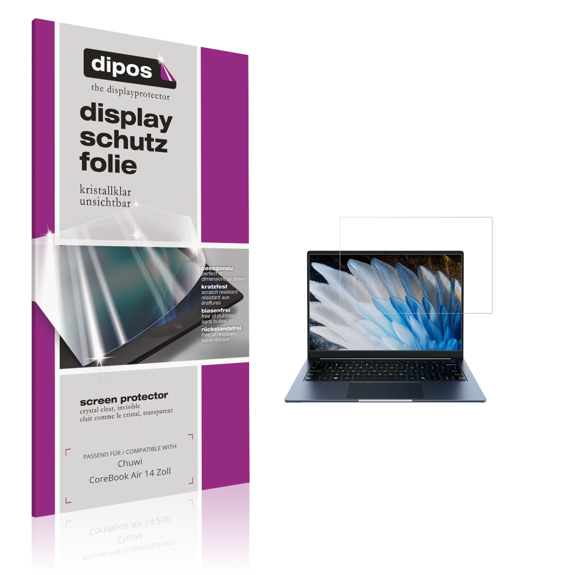 Klare Displayschutzfolie von dipos passend für Chuwi CoreBook Air 14 Zoll, präziser Zuschnitt und blasenfrei montiert