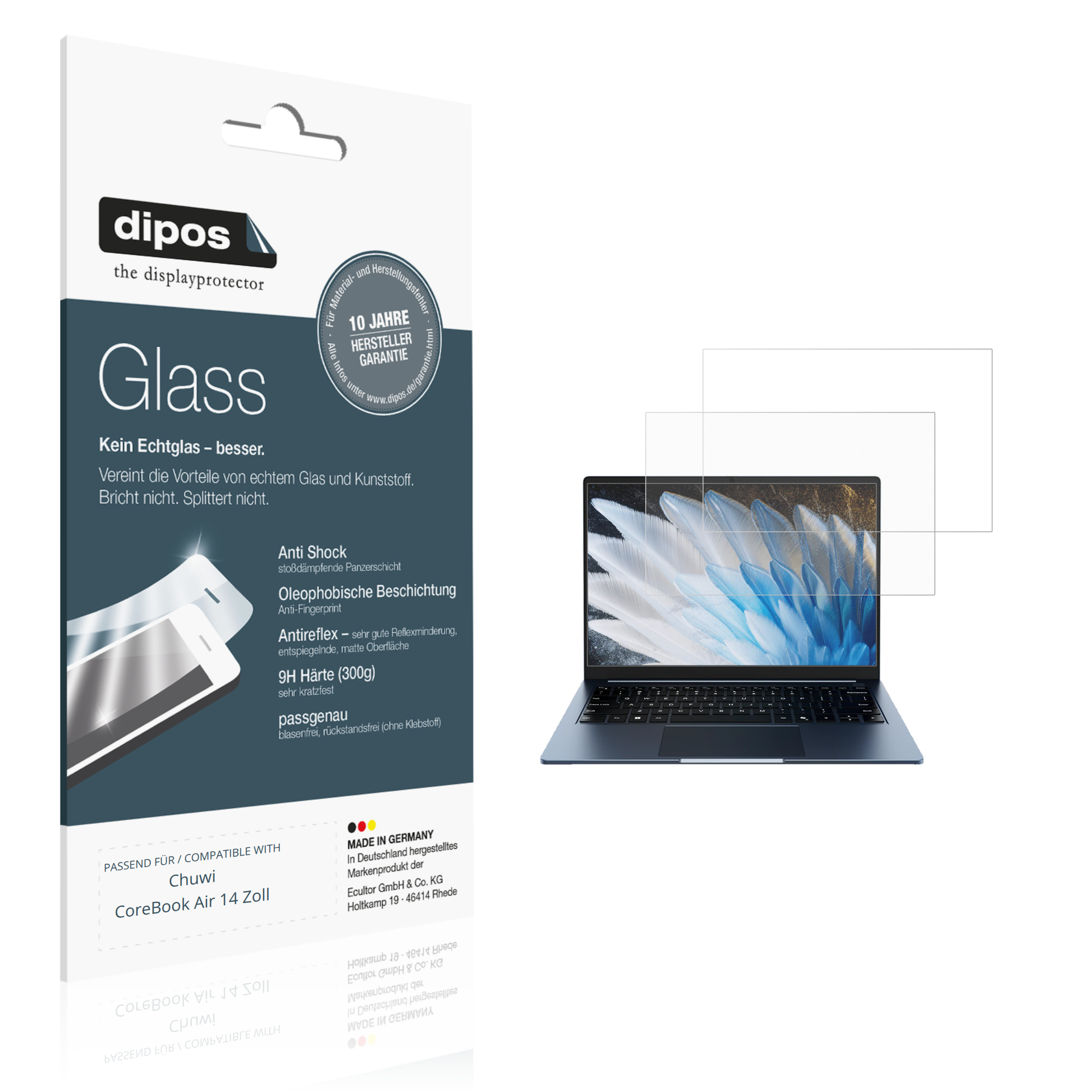 Matte Displayschutzfolie von dipos passend für Chuwi CoreBook Air 14 Zoll, 9H kratzfest und blasenfrei montiert