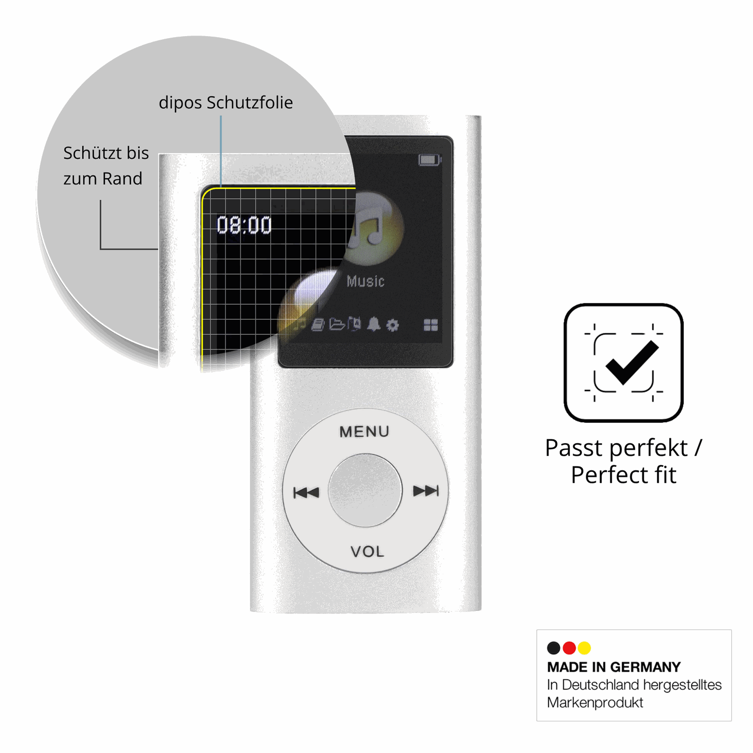 Schutz gegen Kratzer auf dem ciciglow MP3-Player Glas durch Schlüssel oder Ähnliches