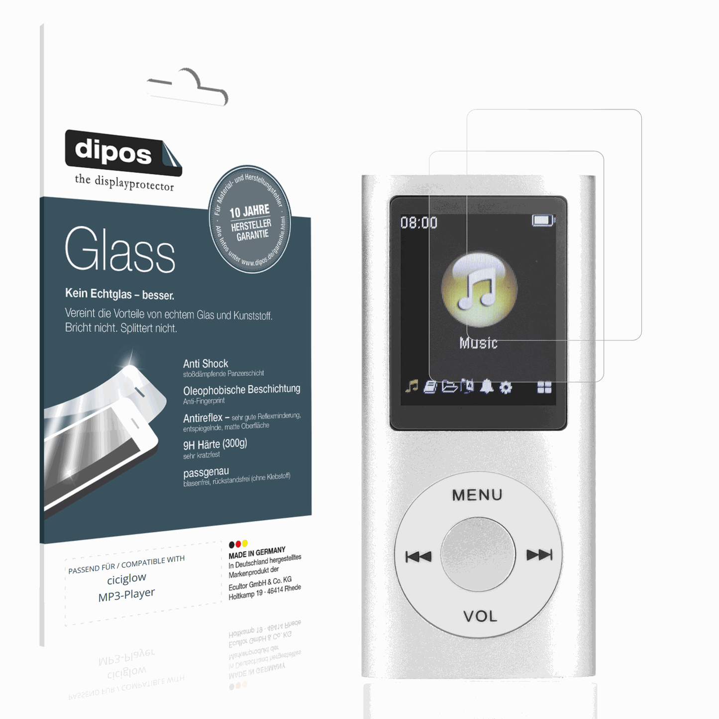 Matte Displayschutzfolie von dipos passend für ciciglow MP3-Player, 9H kratzfest und blasenfrei montiert