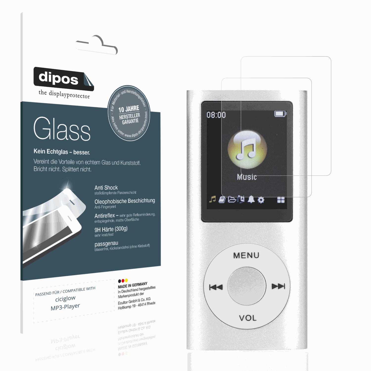 Matte Displayschutzfolie von dipos passend für ciciglow MP3-Player, 9H kratzfest und blasenfrei montiert
