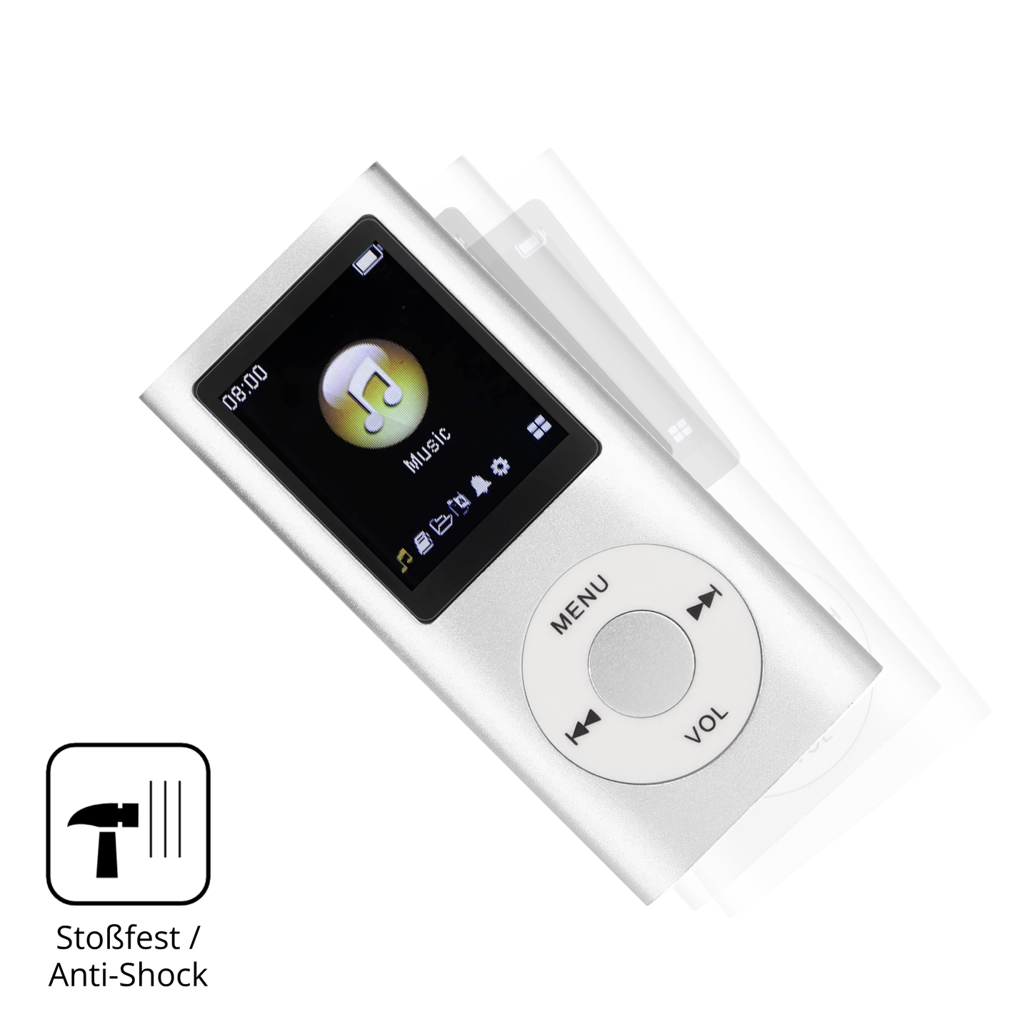 Schutz gegen Kratzer auf dem ciciglow MP3-Player Glas durch Schlüssel, Stöße gegen die Tischkante oder Stürze
