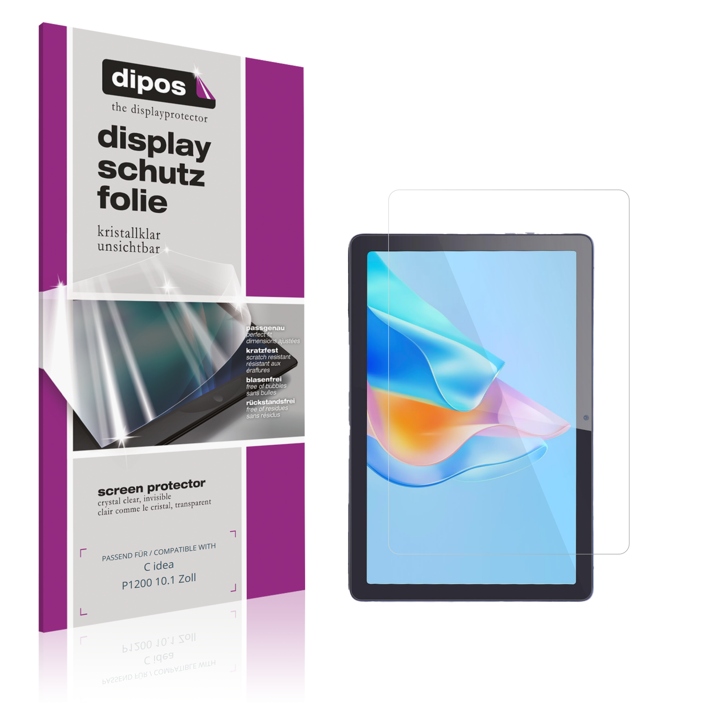Klare Displayschutzfolie von dipos passend für C idea P1200 10.1 Zoll, präziser Zuschnitt und blasenfrei montiert