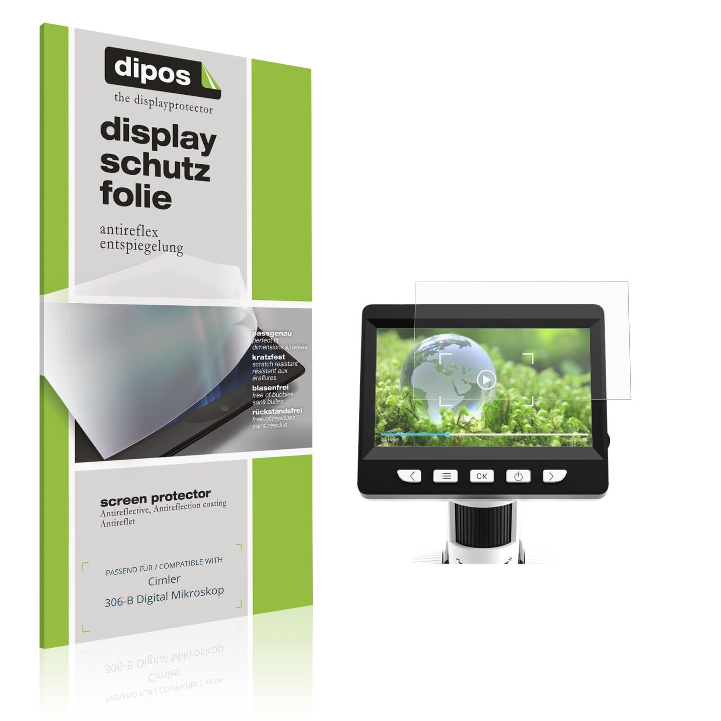 Matte Displayschutzfolie von dipos passend für Cimler 306-B Digital Mikroskop, präziser Zuschnitt und blasenfrei montiert